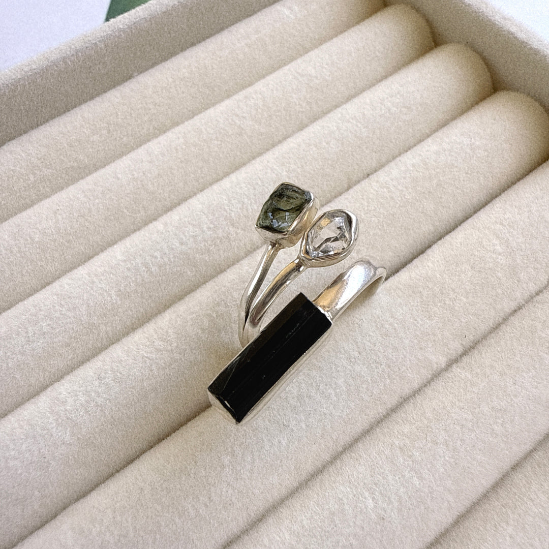 Moldavite, Herkimer & Black Tourmaline Ring
