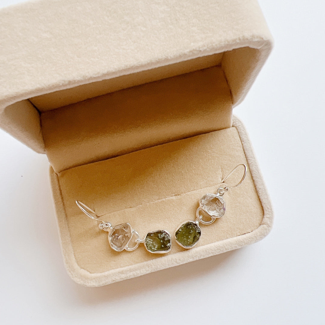 Moldavite & Herkemir Diamond Earrings