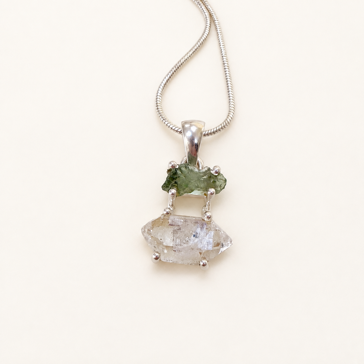 MOLDAVITE & HERKEMIER DIAMOND PENDANT