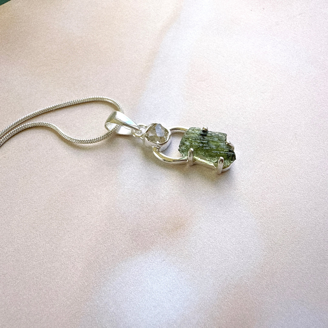 MOLDAVITE & HERKEMIER DIAMOND PENDANT