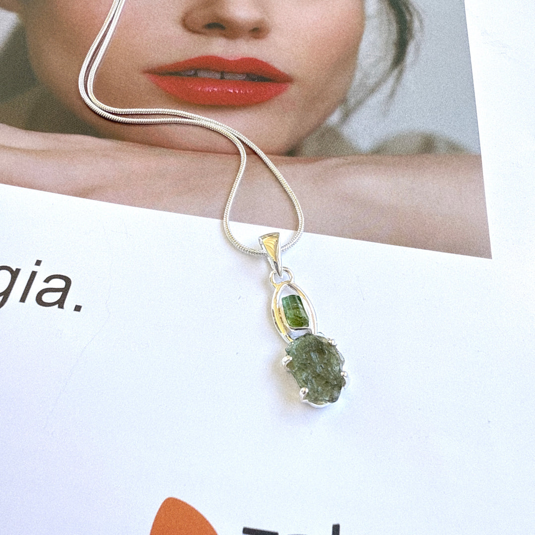 Moldavite & Green Tourmaline Pendant