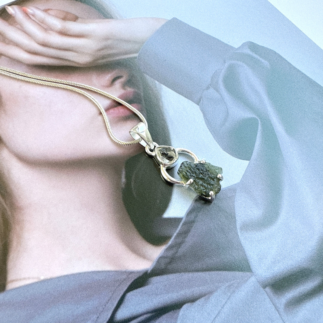 Moldavite & Herkimer Pendant