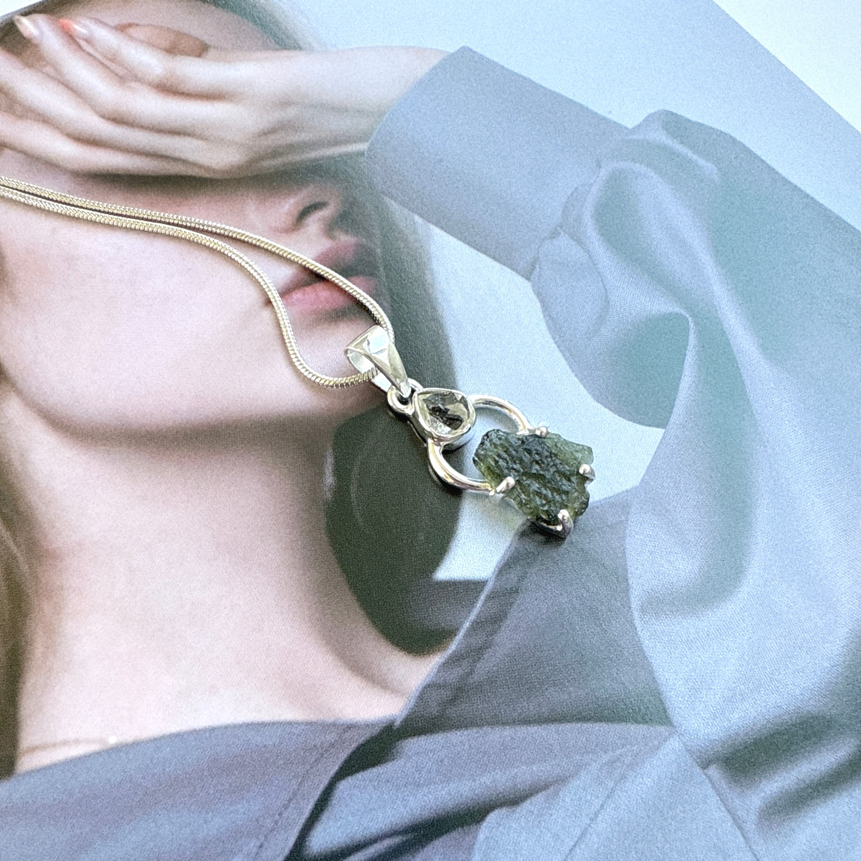 Moldavite & Herkimer Pendant