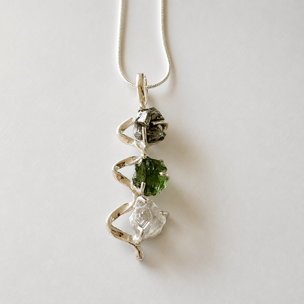 Moldavite, Herkimer Diamond & Campo del Cielo Meteorite Pendant