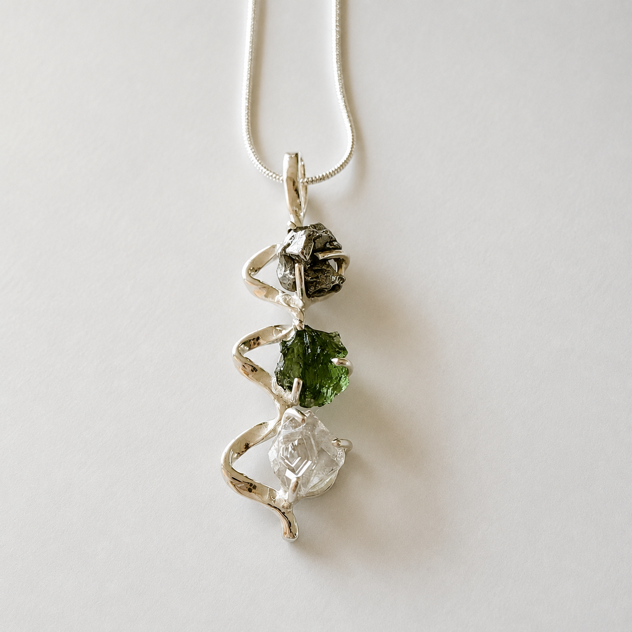 Moldavite, Herkimer Diamond & Campo del Cielo Meteorite Pendant