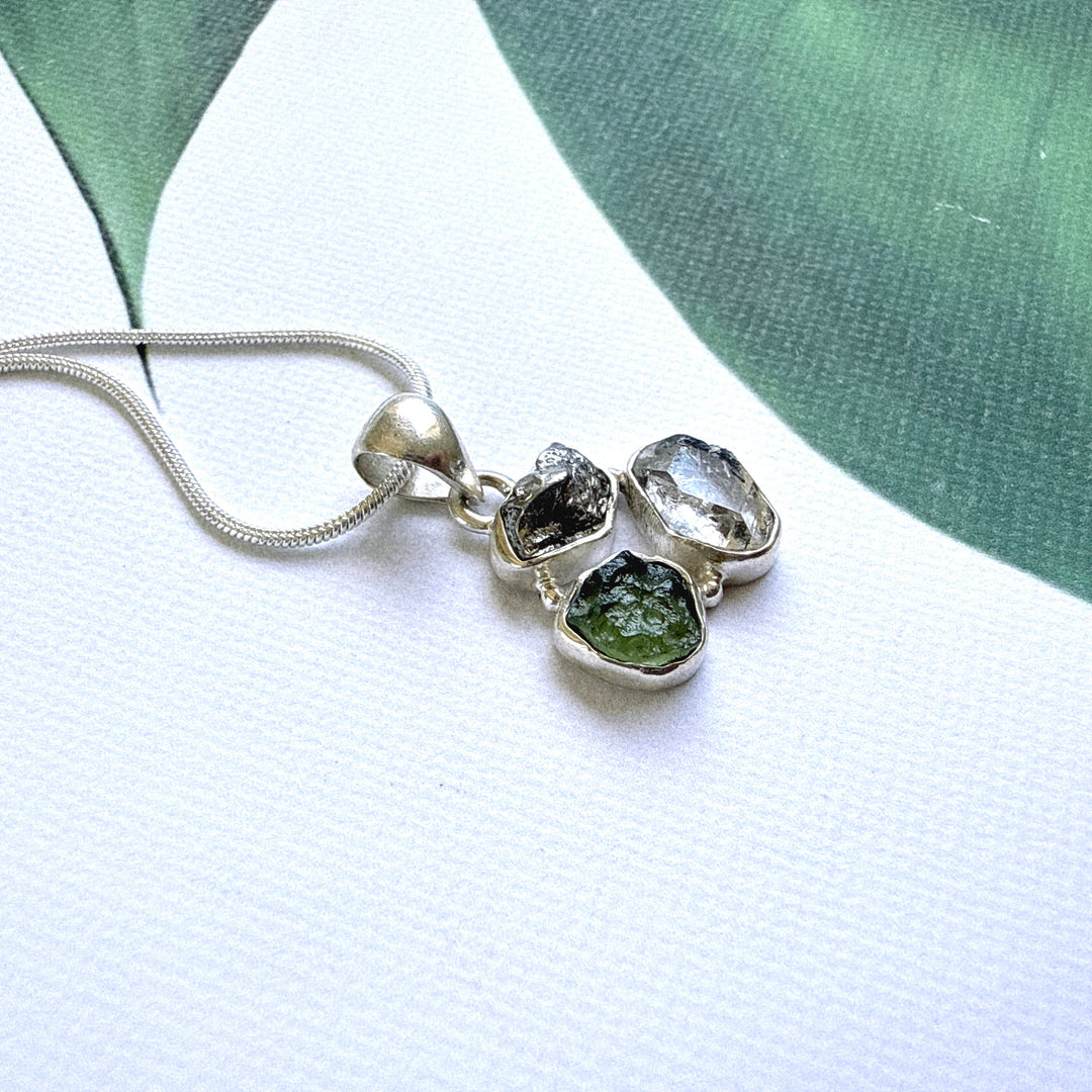 Moldavite, Herkimer Diamond & Campo del Cielo Meteorite Pendant