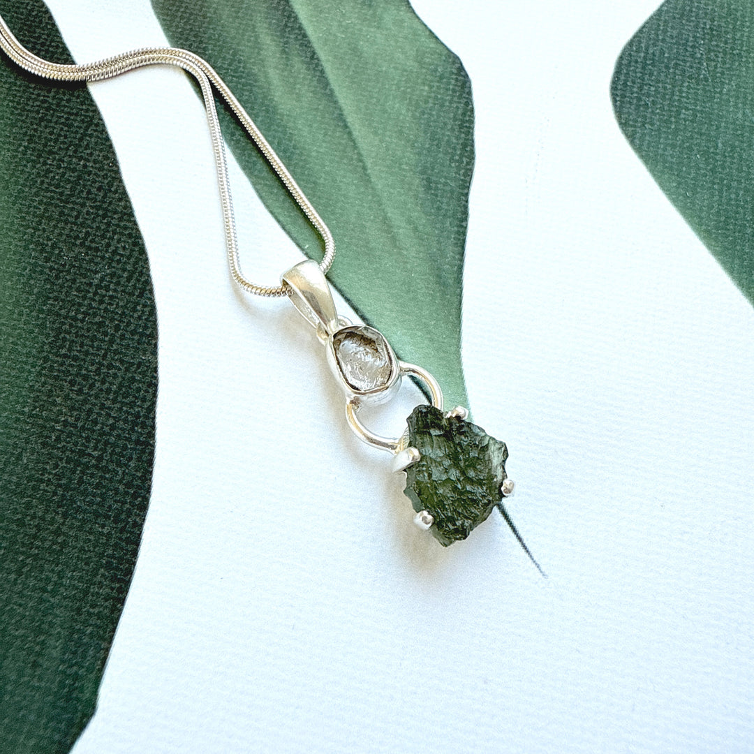 MOLDAVITE & HERKEMIER DIAMOND PENDANT