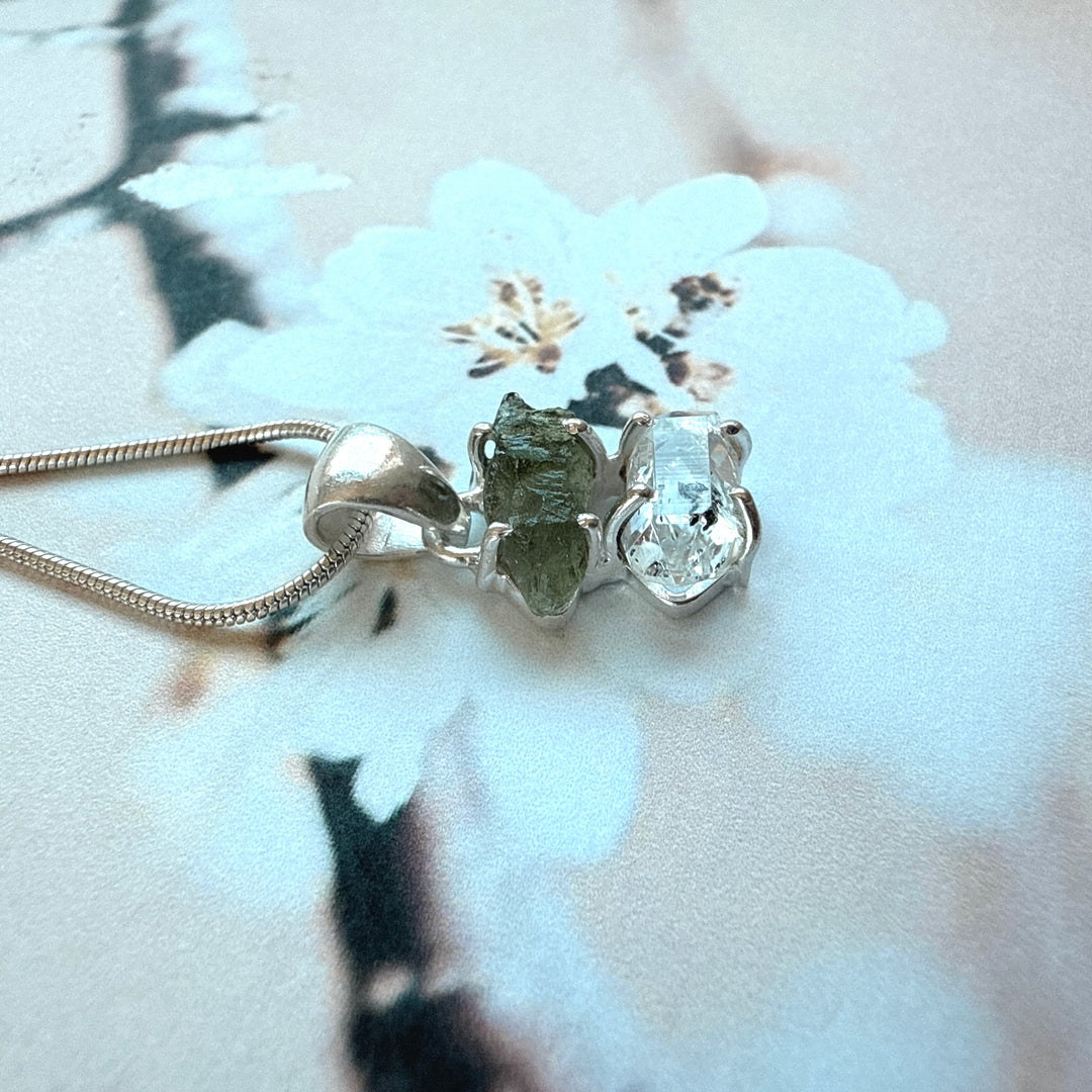 MOLDAVITE & HERKEMIER DIAMOND PENDANT