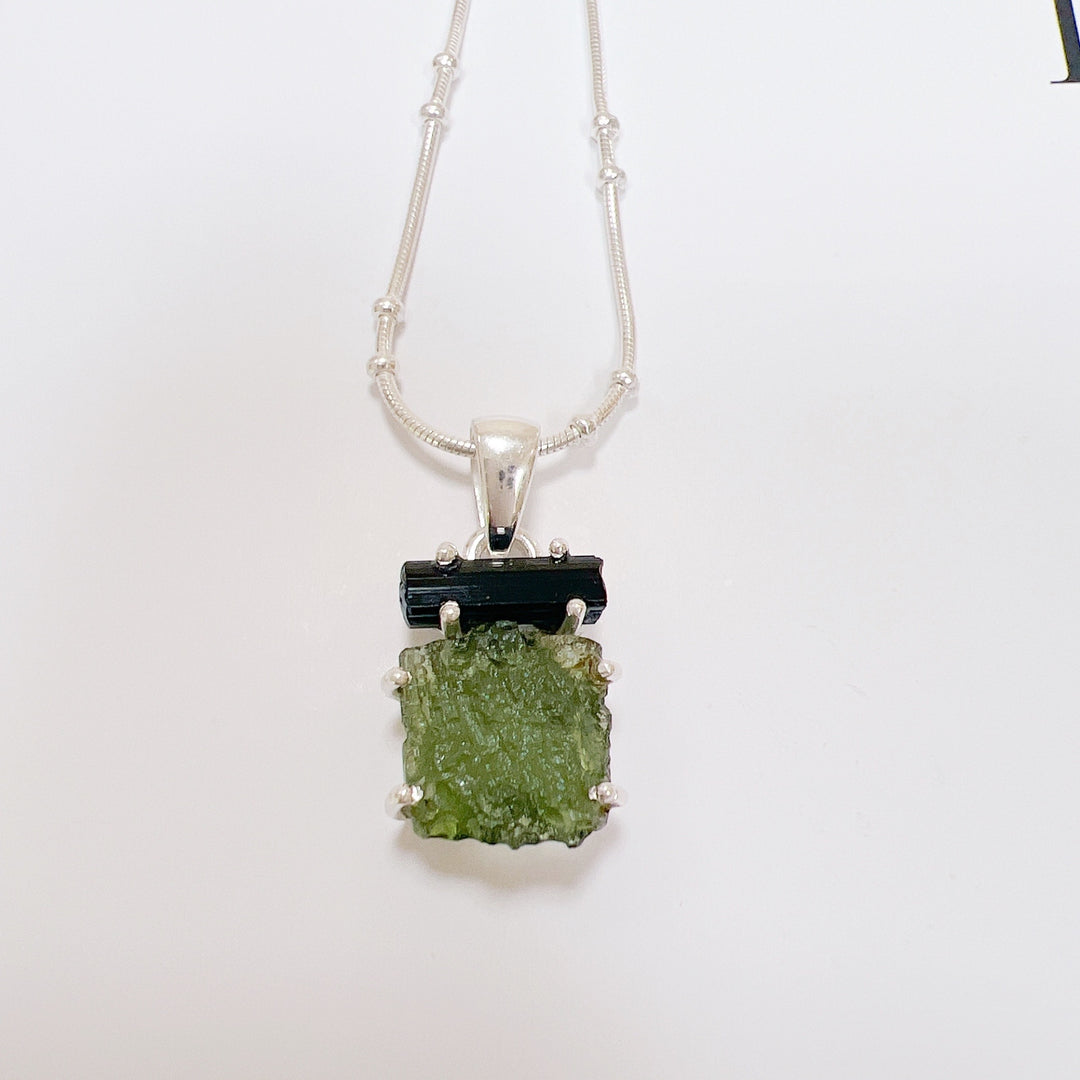 MOLDAVITE & BLACK TOURMALINE PENDANT