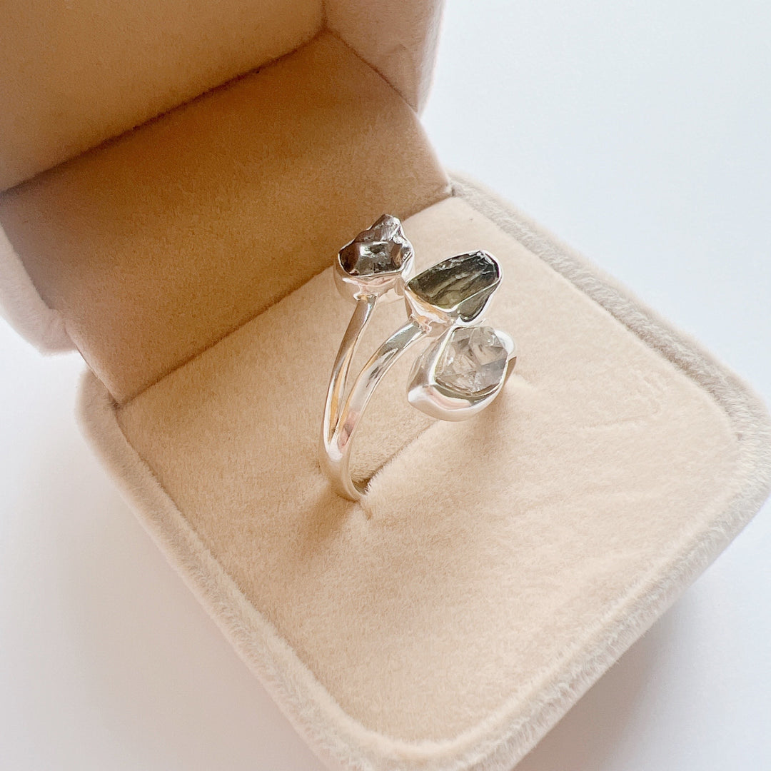 MOLDAVITE, HERKIMER DIAMOND & CAMPO DEL CIELO RING