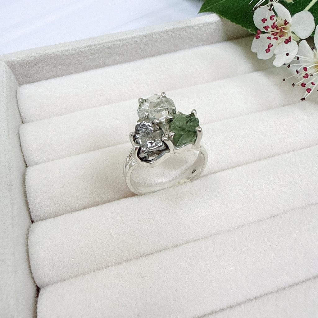 Moldavite, Herkimer Diamond & Meteorite Campo del Cielo Ring
