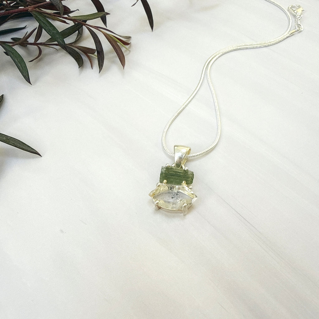 Moldavite with Herkimer Diamond Pendant