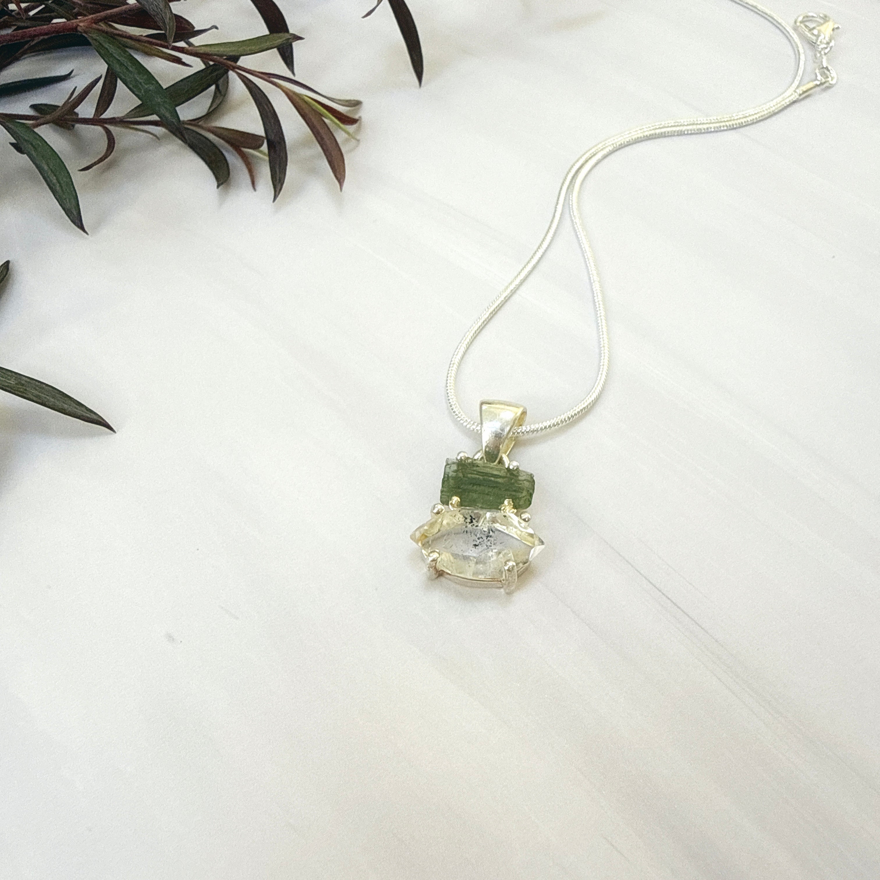 Moldavite with Herkimer Diamond Pendant
