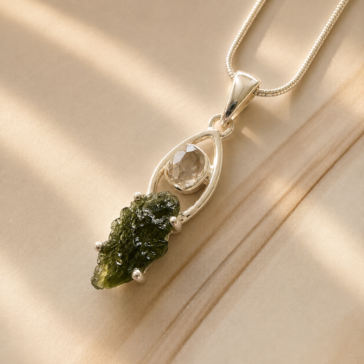 Moldavite with Herkimer Diamond Pendant