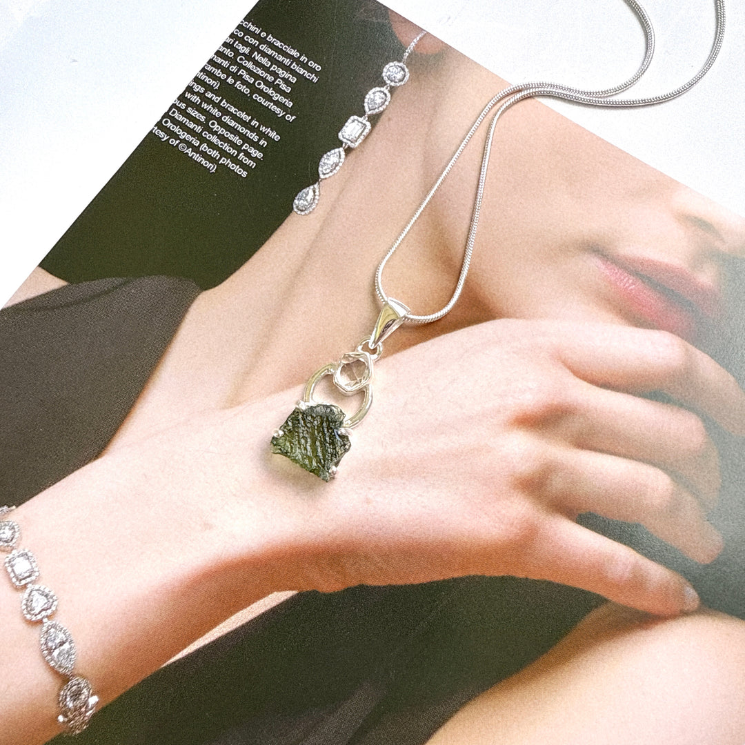 MOLDAVITE & HERKEMIER DIAMOND PENDANT