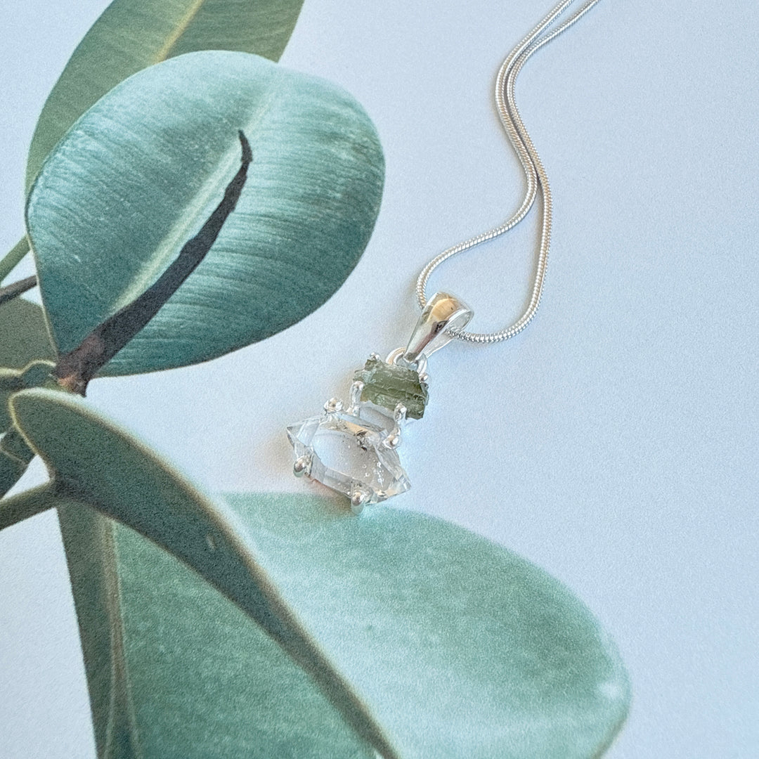 MOLDAVITE & HERKEMIER DIAMOND PENDANT