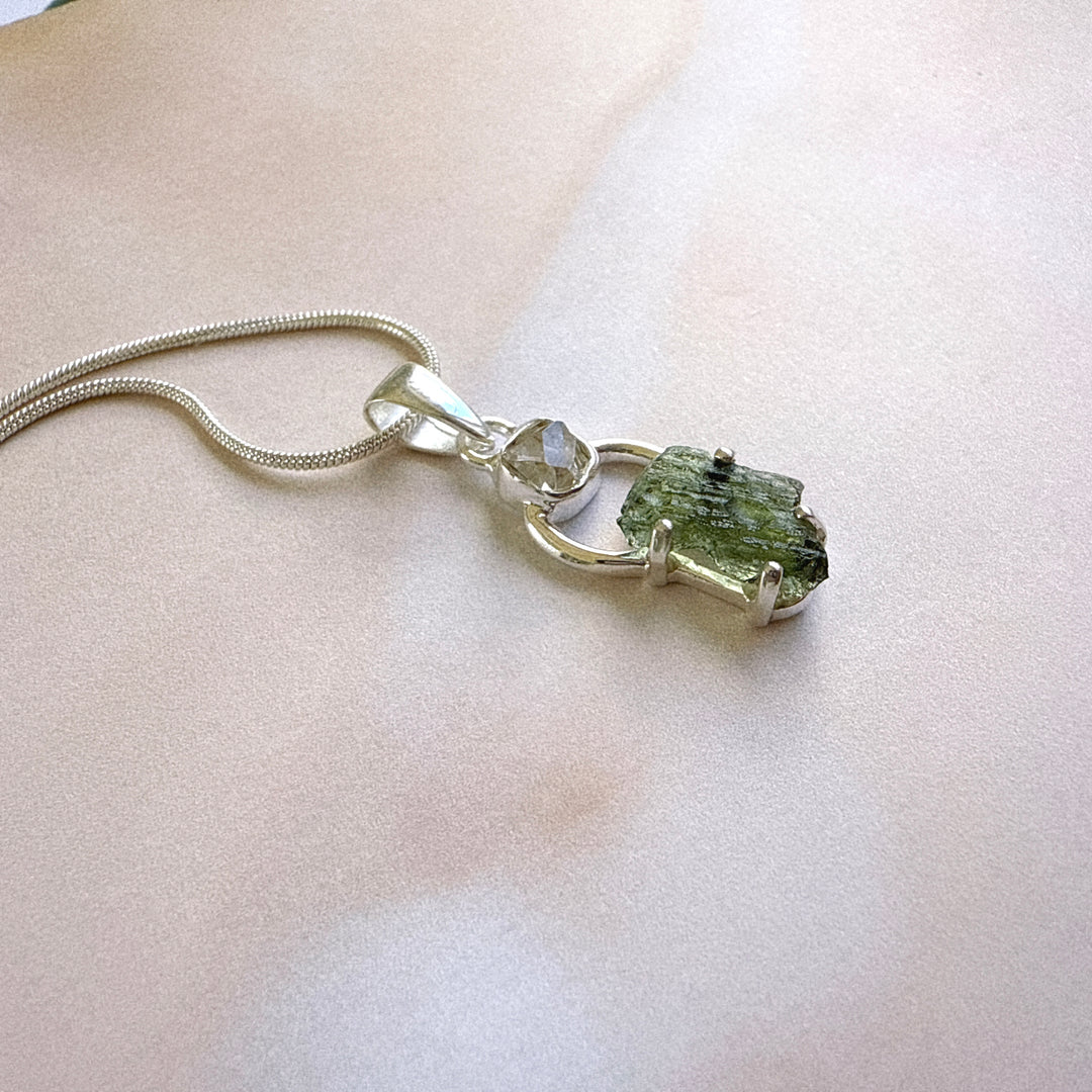 MOLDAVITE & HERKEMIER DIAMOND PENDANT