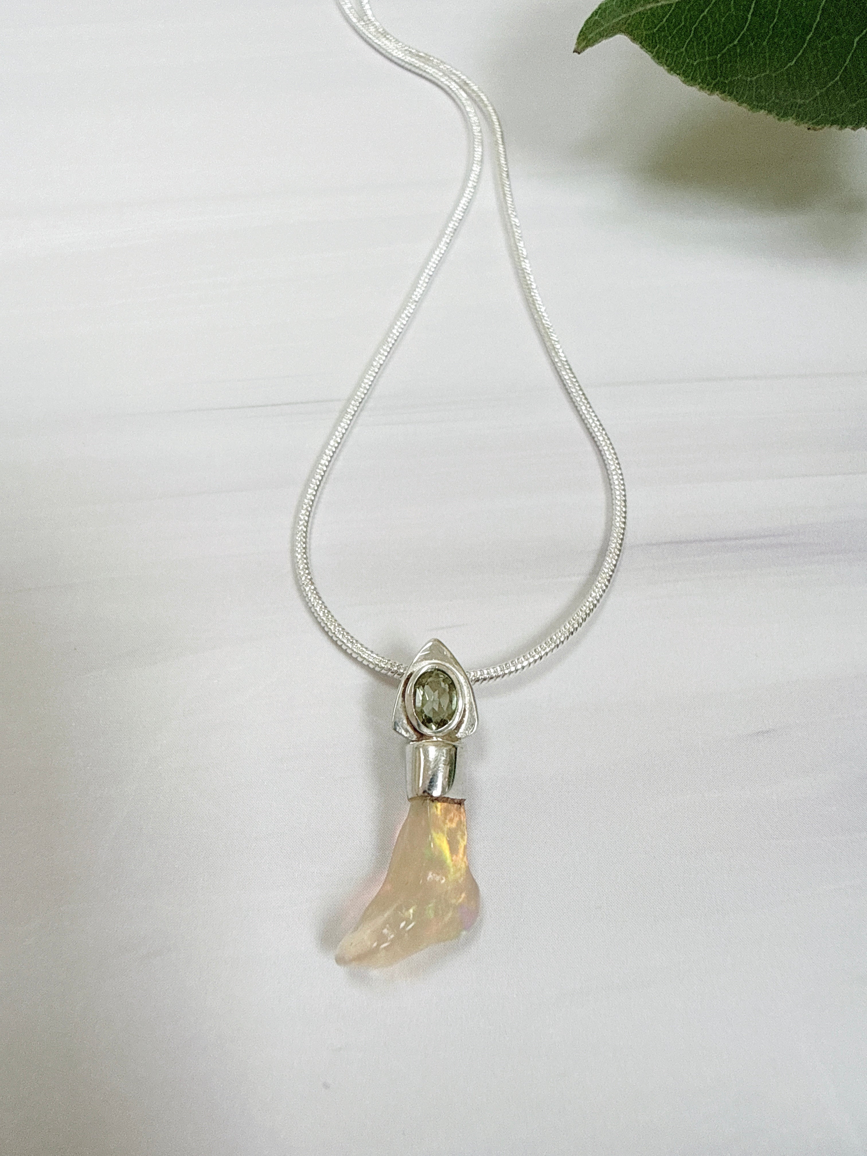 Faceted Moldavite & Ethiopian Opal Pendant