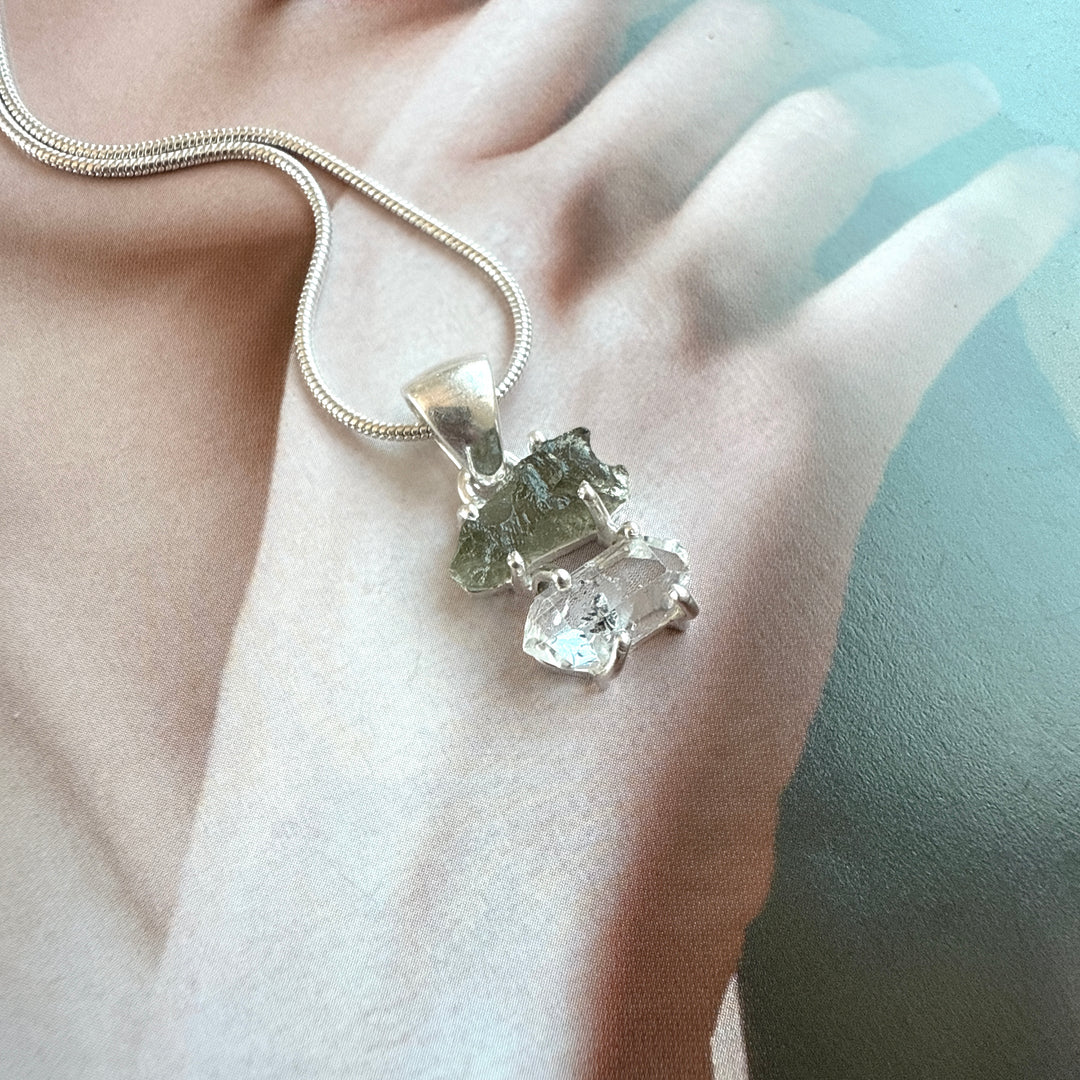 MOLDAVITE & HERKEMIER DIAMOND PENDANT