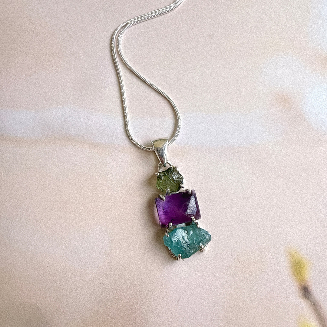 Moldavite, Amethyst & Neon Blue Apatite Pendant