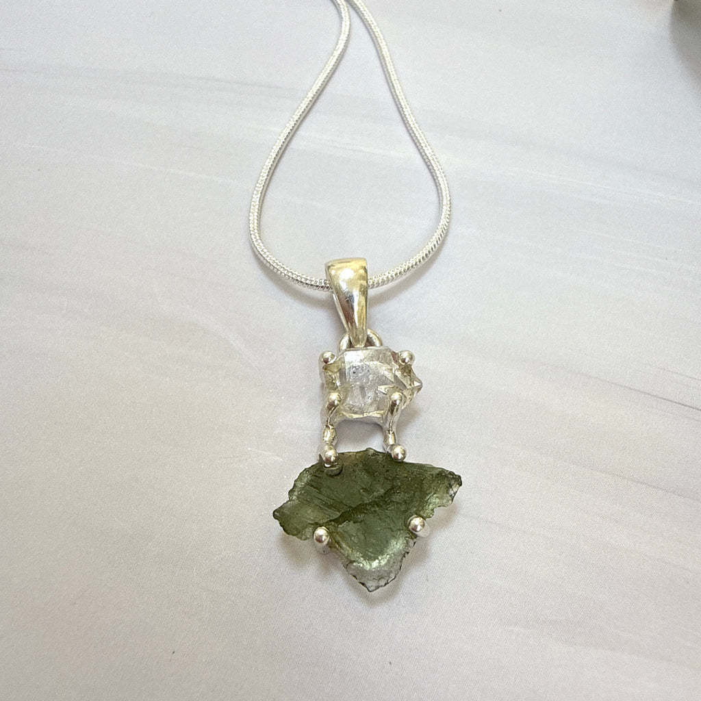 MOLDAVITE & HERKEMIER DIAMOND PENDANT