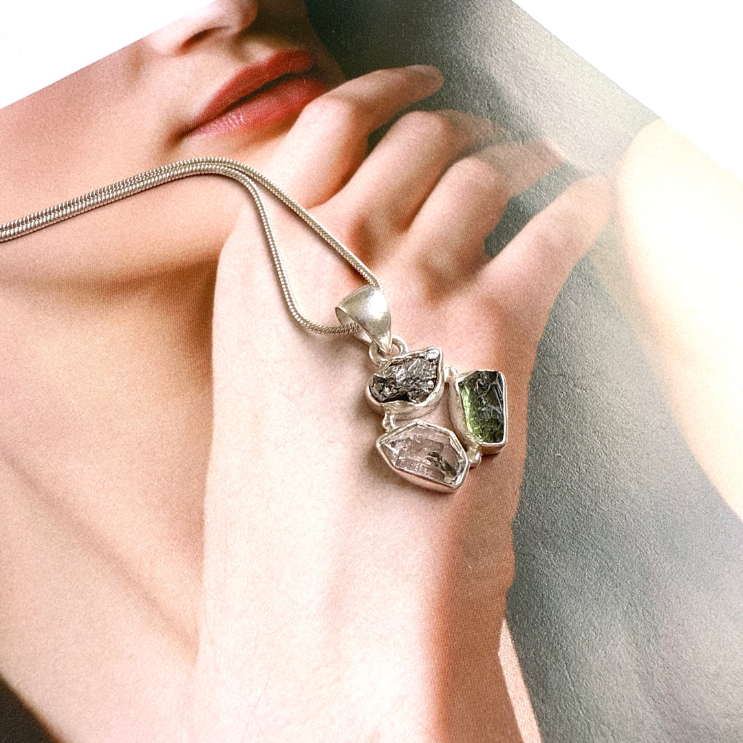 Moldavite, Herkemir Diamond and Campo Del Cielo Pendant
