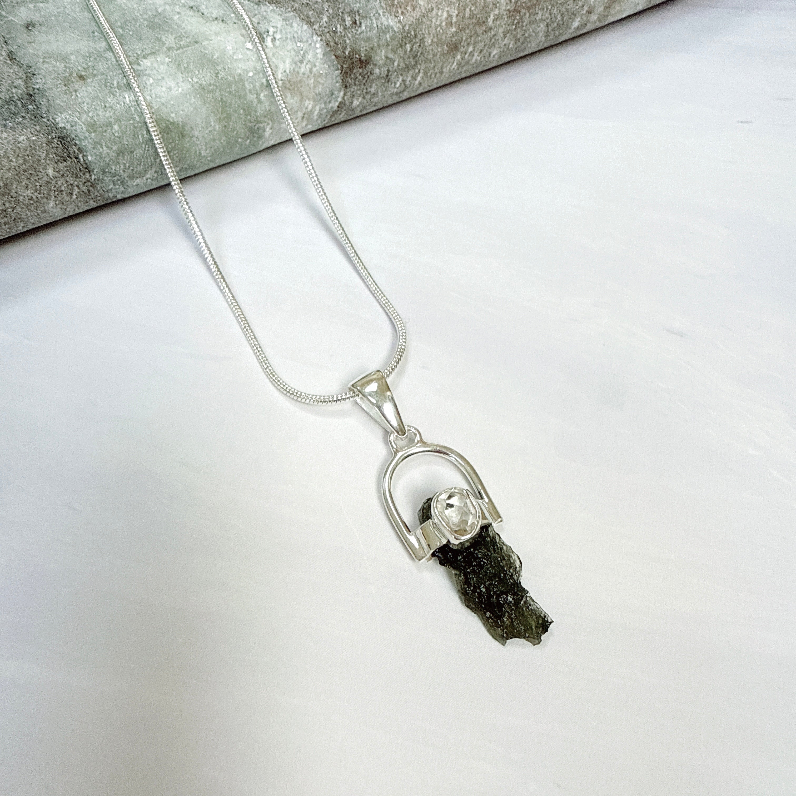 Moldavite with Herkimer Diamond Pendant