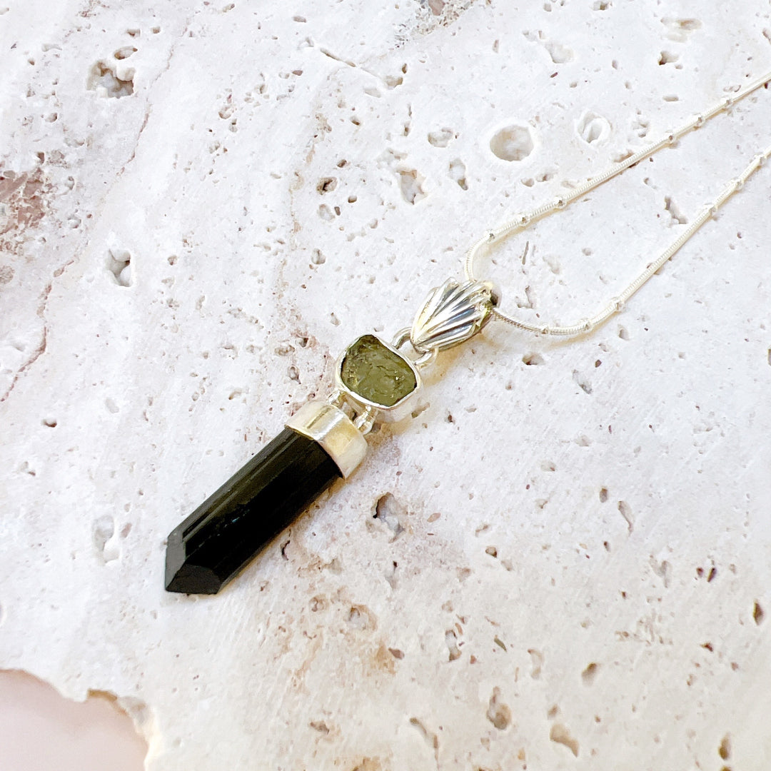 MOLDAVITE & BLACK TOURMALINE PENDANT