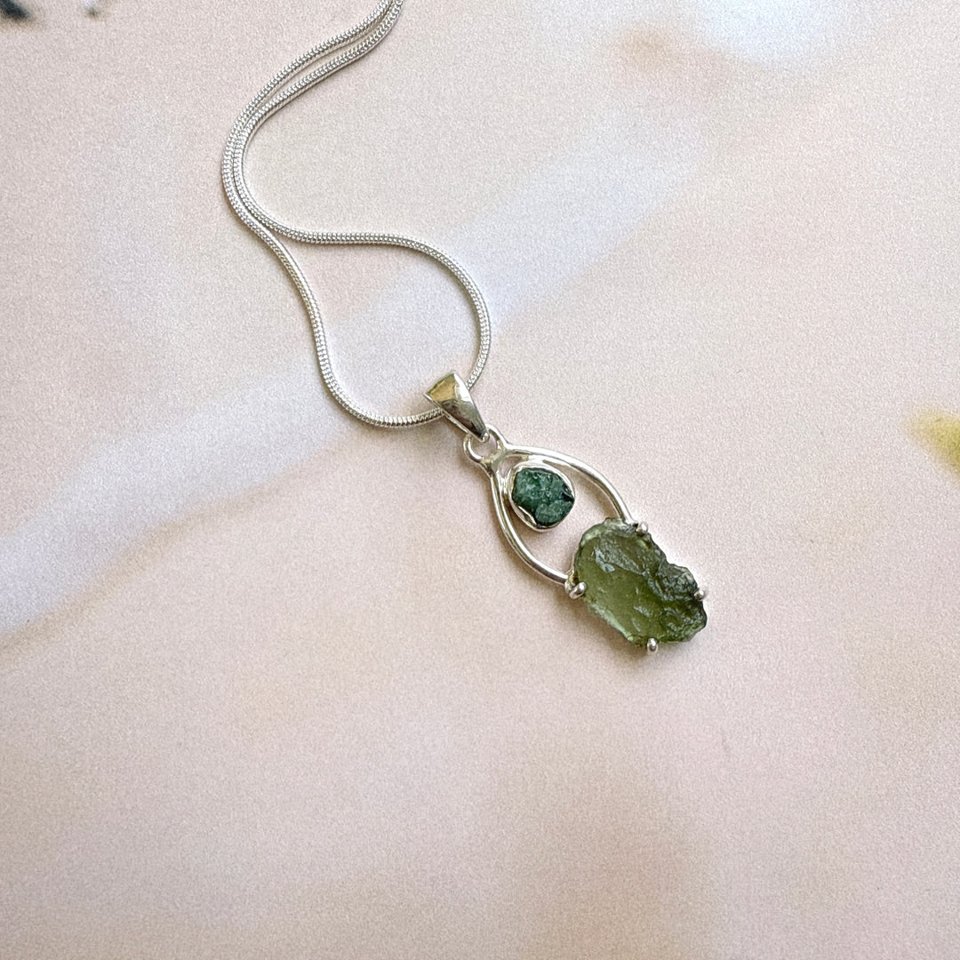 Moldavite & Green Tourmaline Pendant