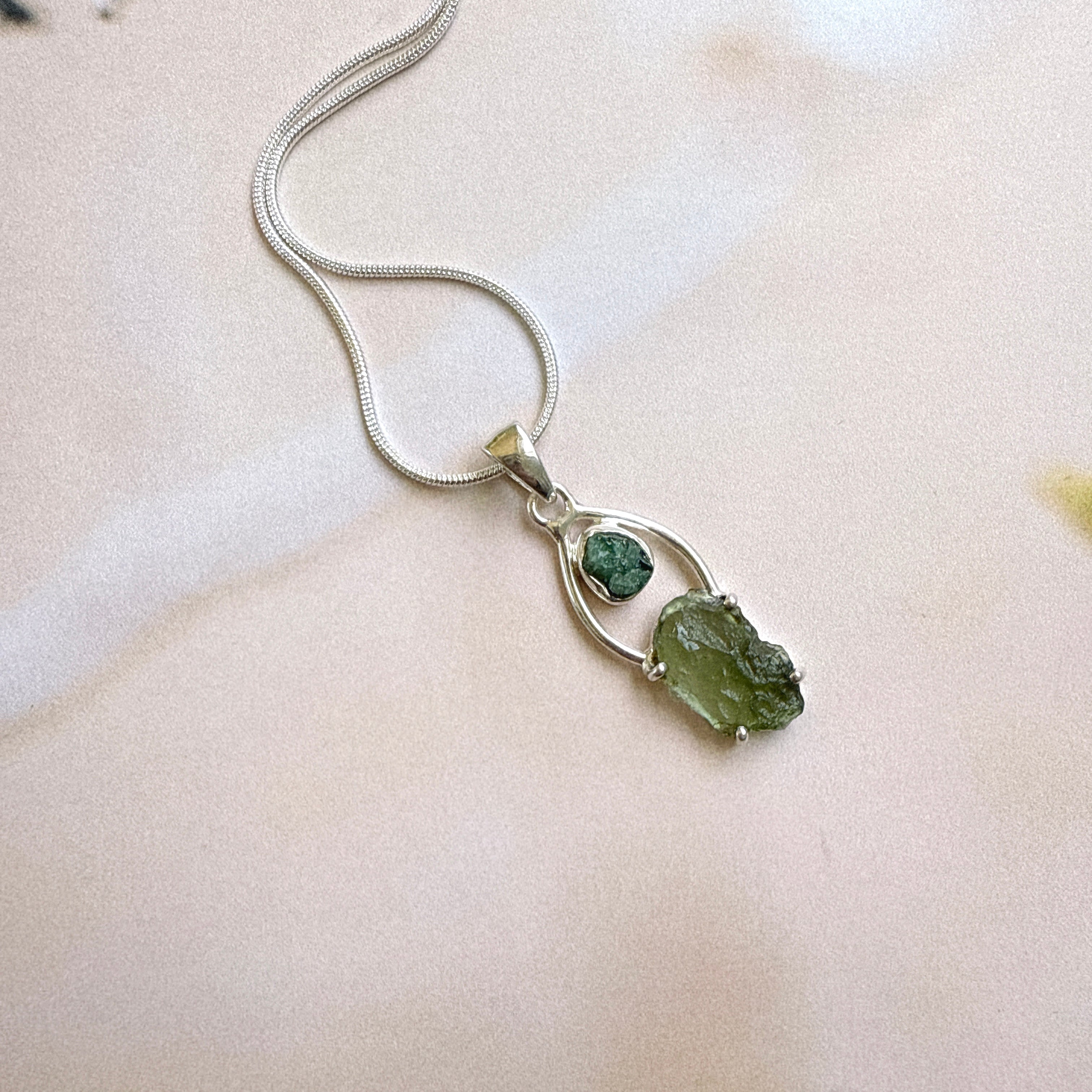 Moldavite & Green Tourmaline Pendant