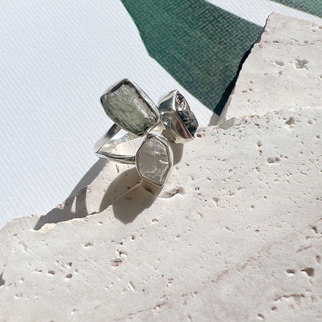 MOLDAVITE, HERKIMER DIAMOND & CAMPO DEL CIELO RING