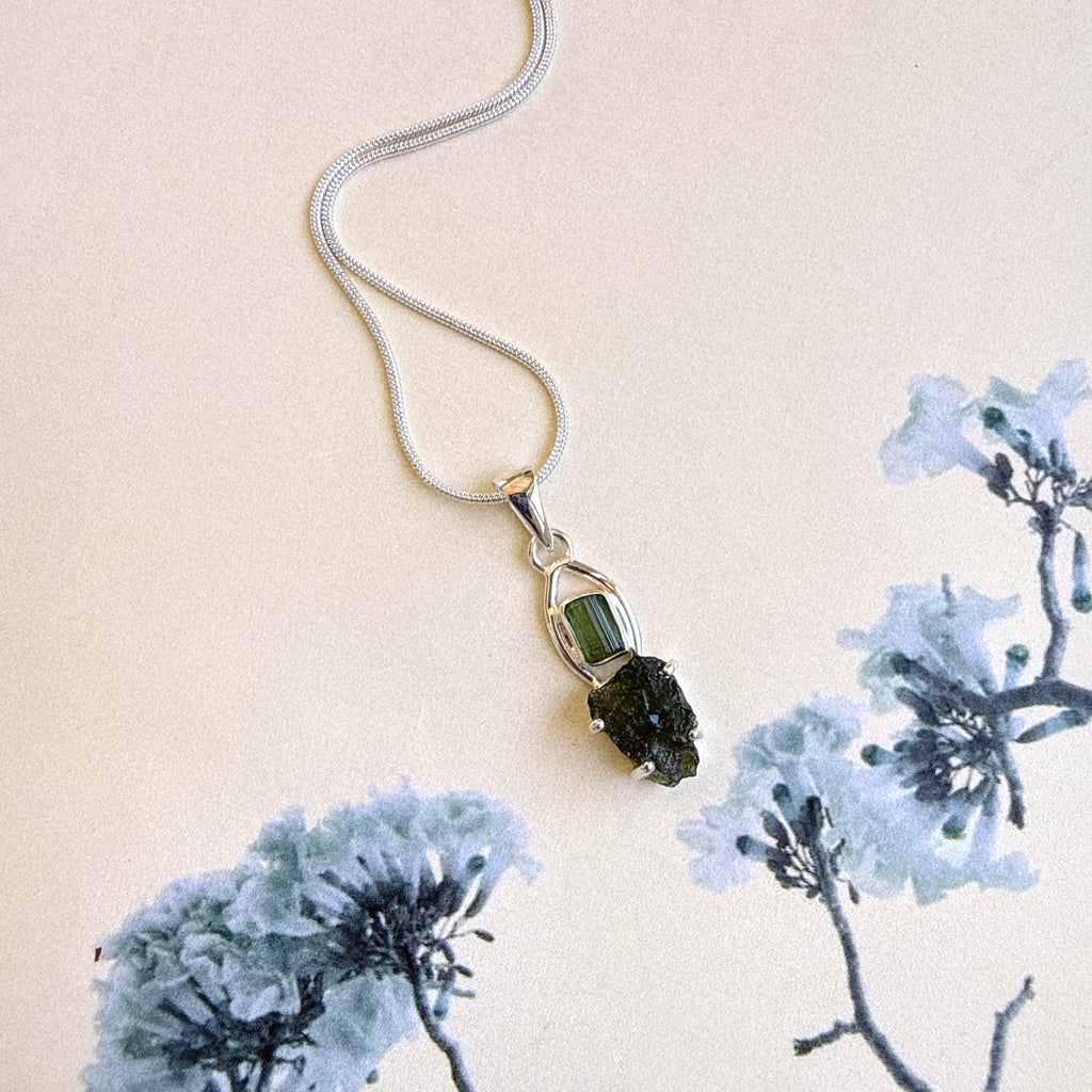 Moldavite & Green Tourmaline Pendant