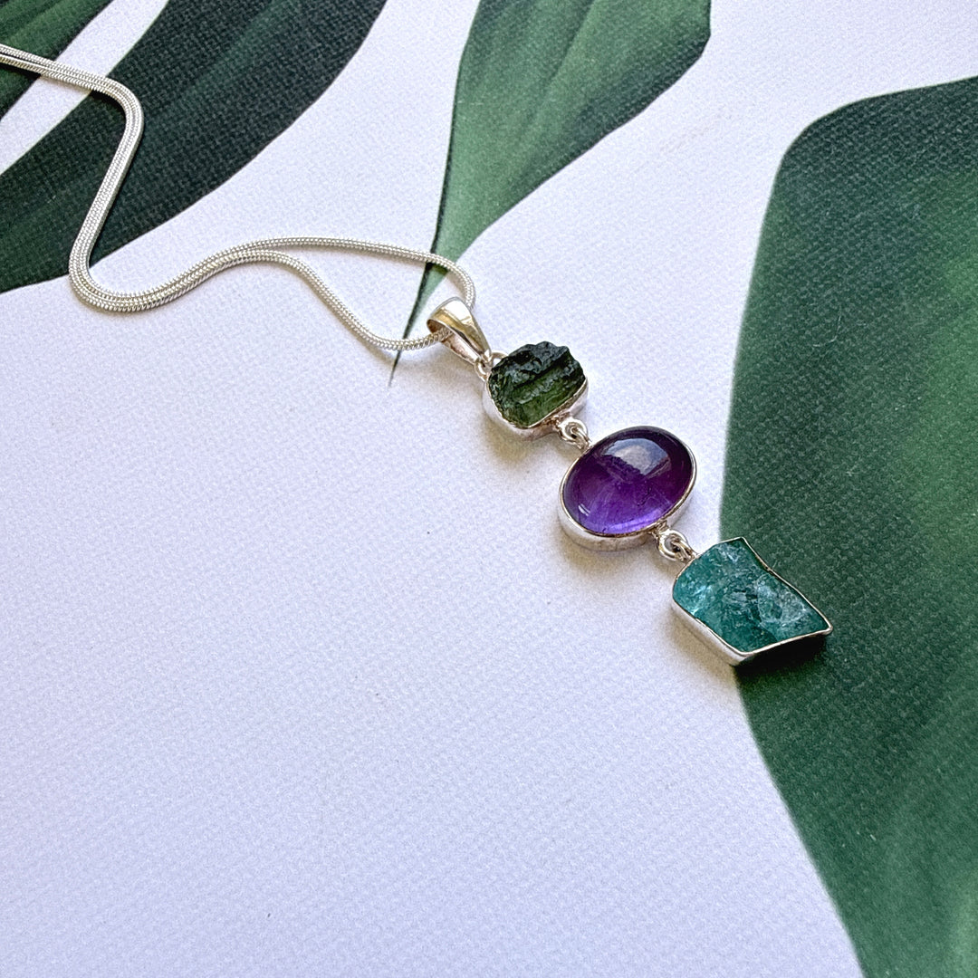 Moldavite, Amethyst & Neon Blue Apatite Pendant