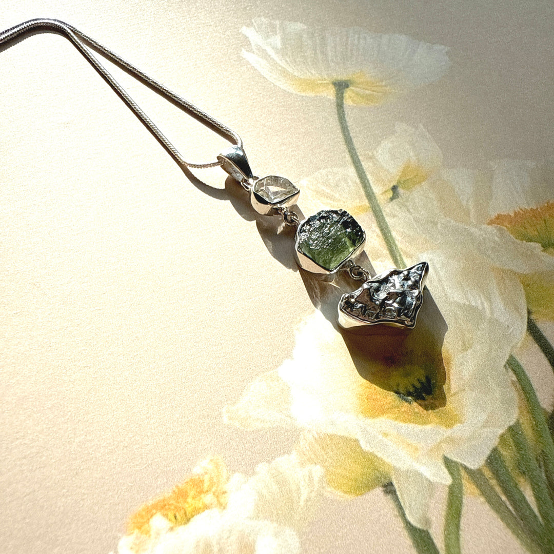 Moldavite, Herkimer Diamond & Campo del Cielo Meteorite Pendant