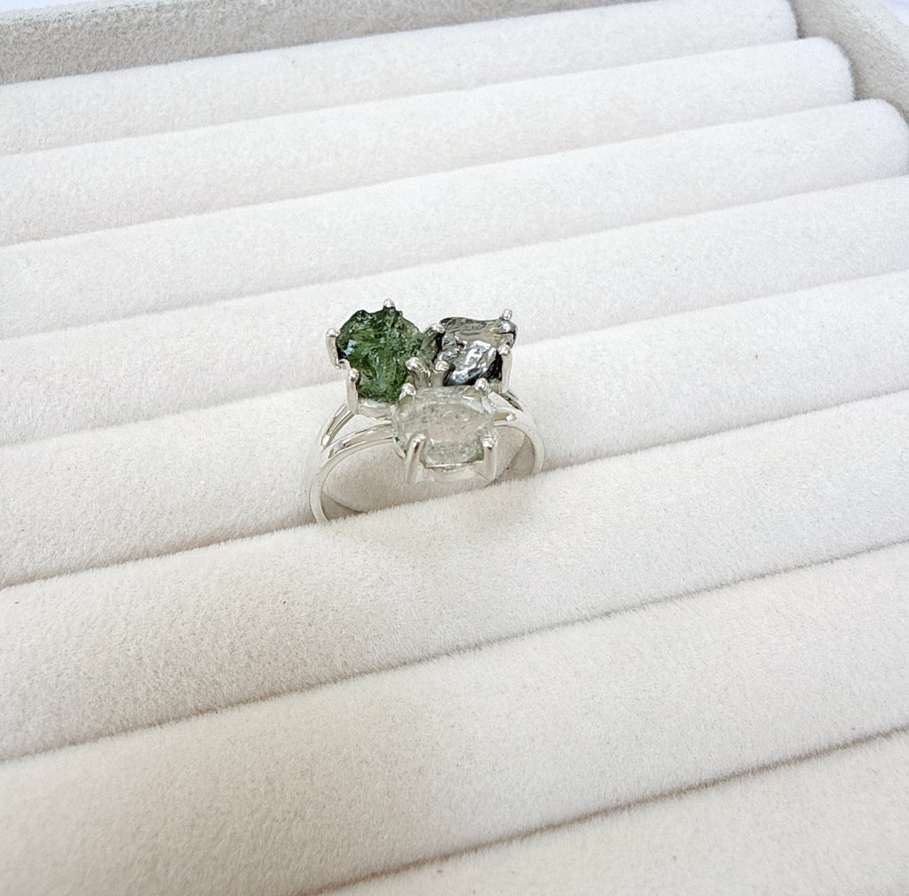 Moldavite, Herkimer Diamond & Meteorite Campo del Cielo Ring
