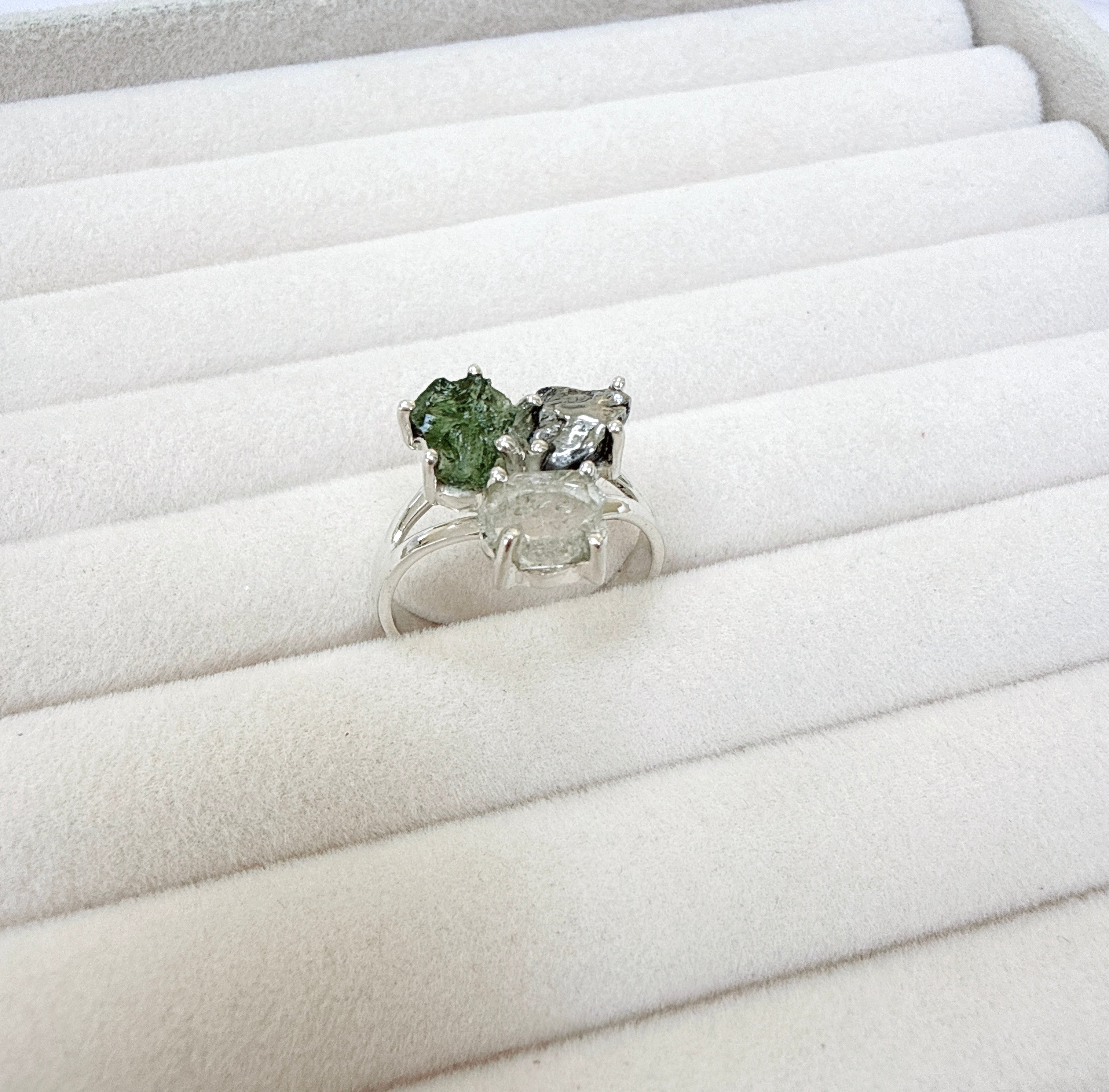 Moldavite, Herkimer Diamond & Meteorite Campo del Cielo Ring