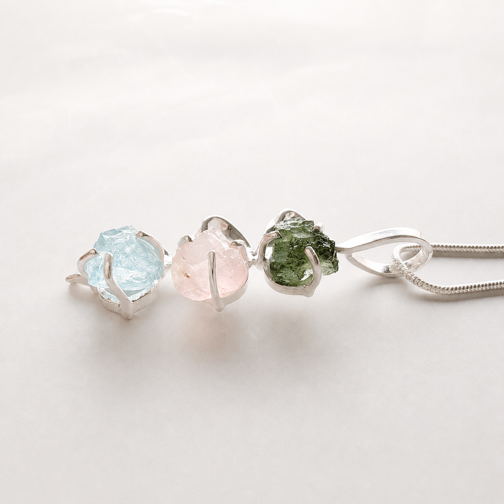 Designer – Moldavite, Rose Quartz & Aquamarine Pendant