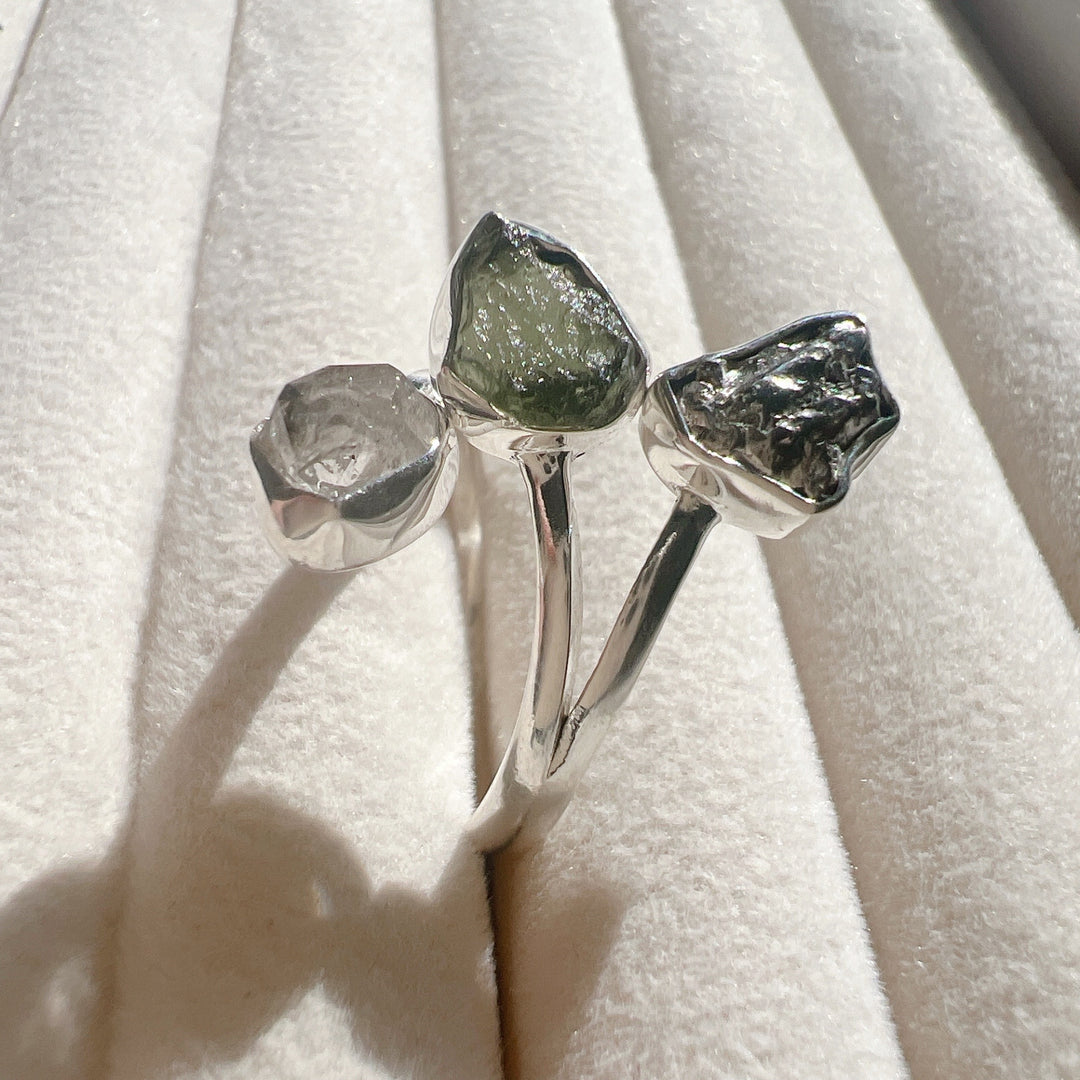 MOLDAVITE, HERKIMER DIAMOND & CAMPO DEL CIELO RING