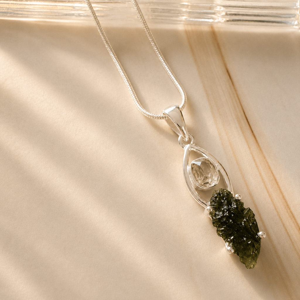 Moldavite with Herkimer Diamond Pendant