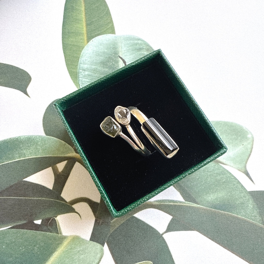 Moldavite, Herkimer & Black Tourmaline Ring