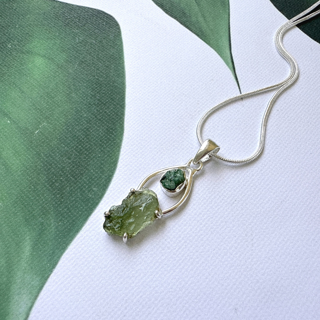 Moldavite & Green Tourmaline Pendant