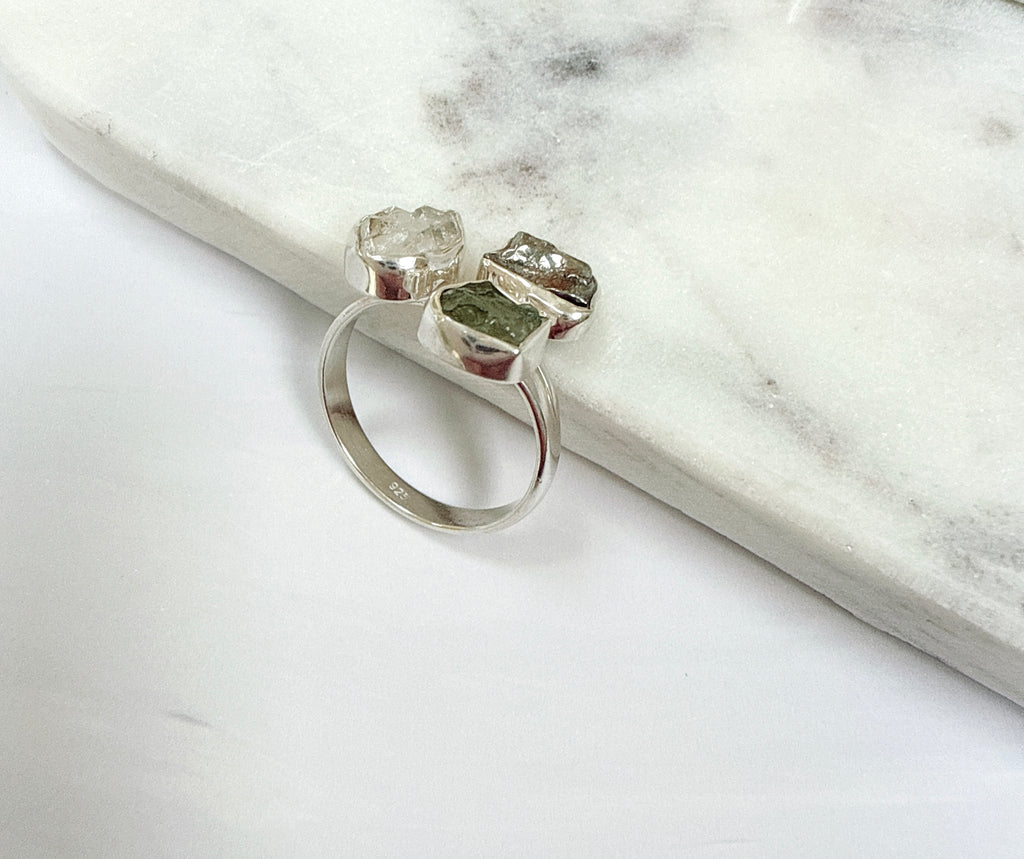 Moldavite, Herkimer Diamond & Meteorite Campo del Cielo Ring