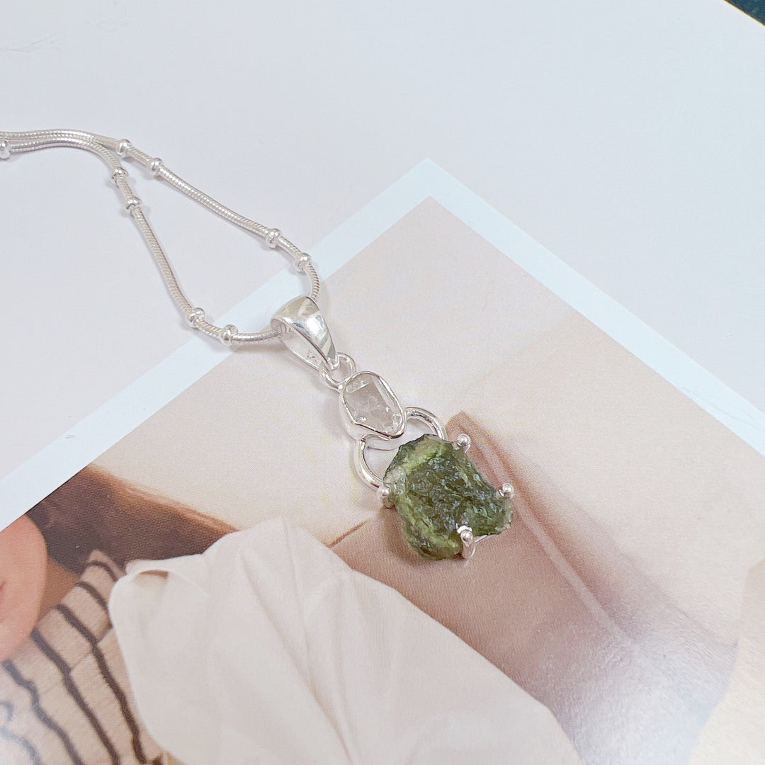 MOLDAVITE & HERKEMIR DIAMOND PENDANT