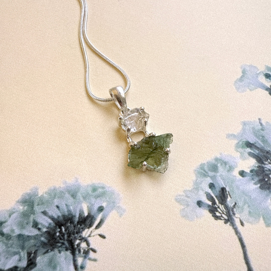 MOLDAVITE & HERKEMIER DIAMOND PENDANT