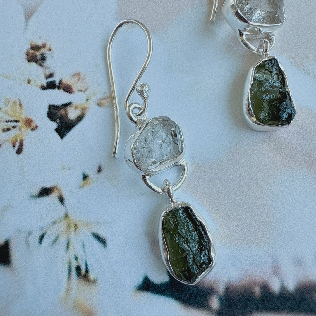Moldavite & Herkemir Diamond Earrings