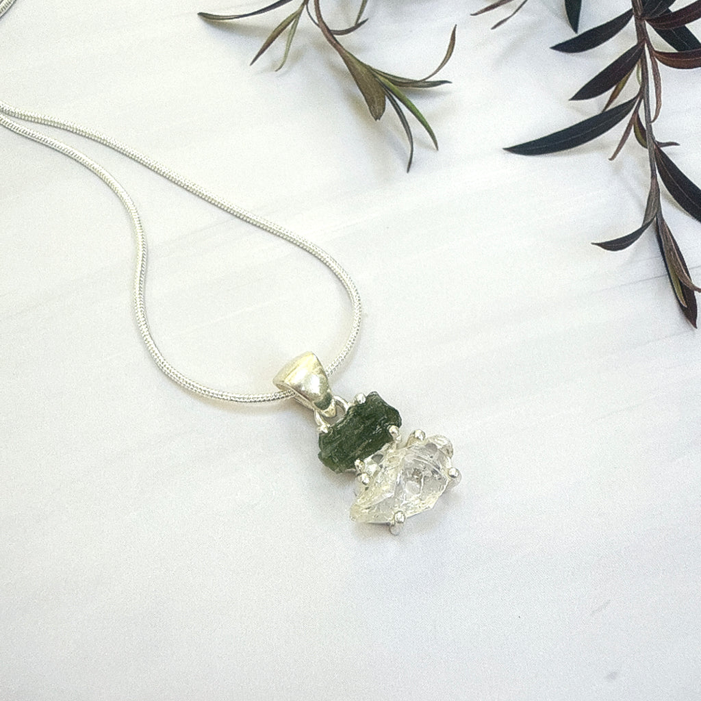 Moldavite with Herkimer Diamond Pendant