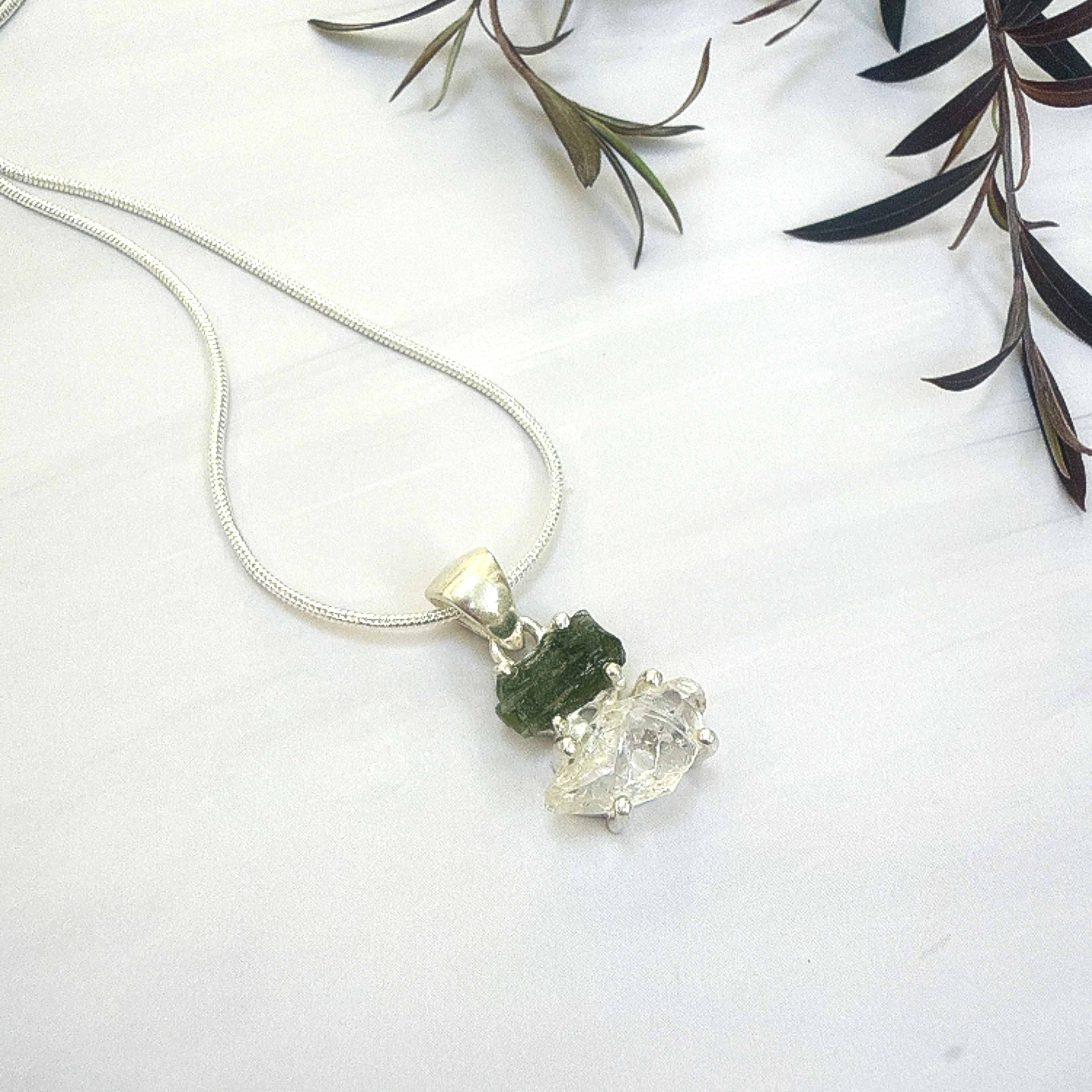 Moldavite with Herkimer Diamond Pendant