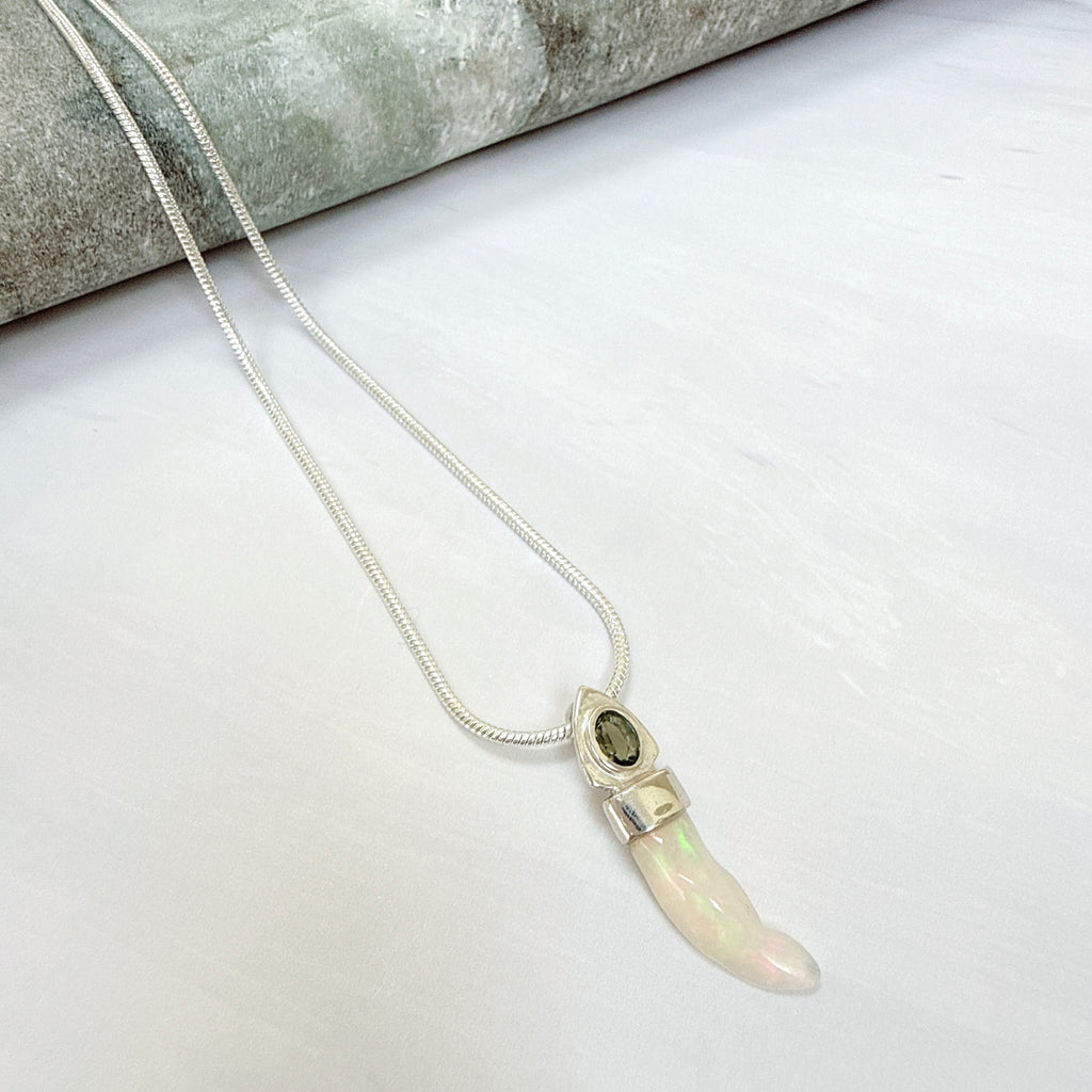 Faceted Moldavite & Ethiopian Opal Pendant