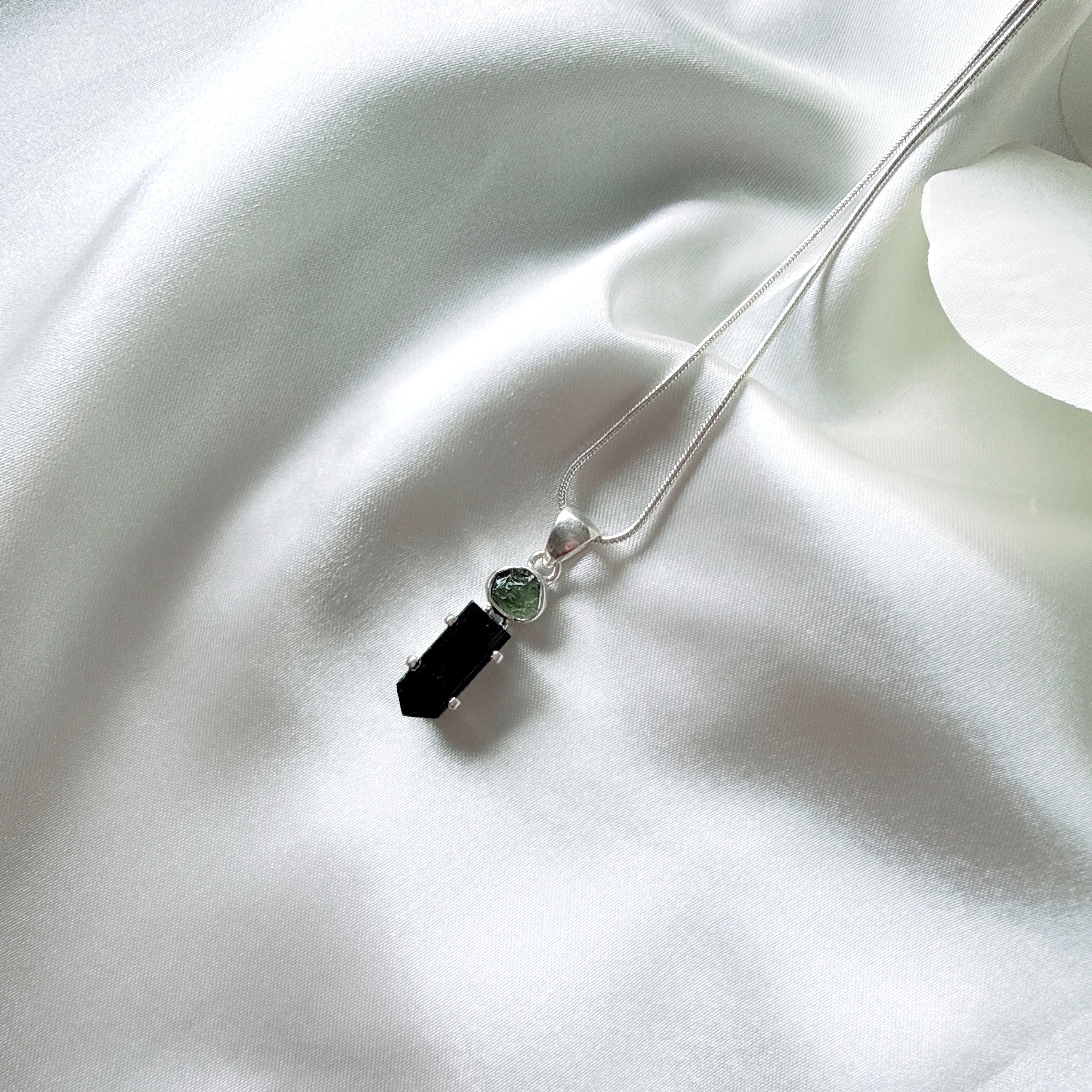 MOLDAVITE & BLACK TOURMALINE PENDANT