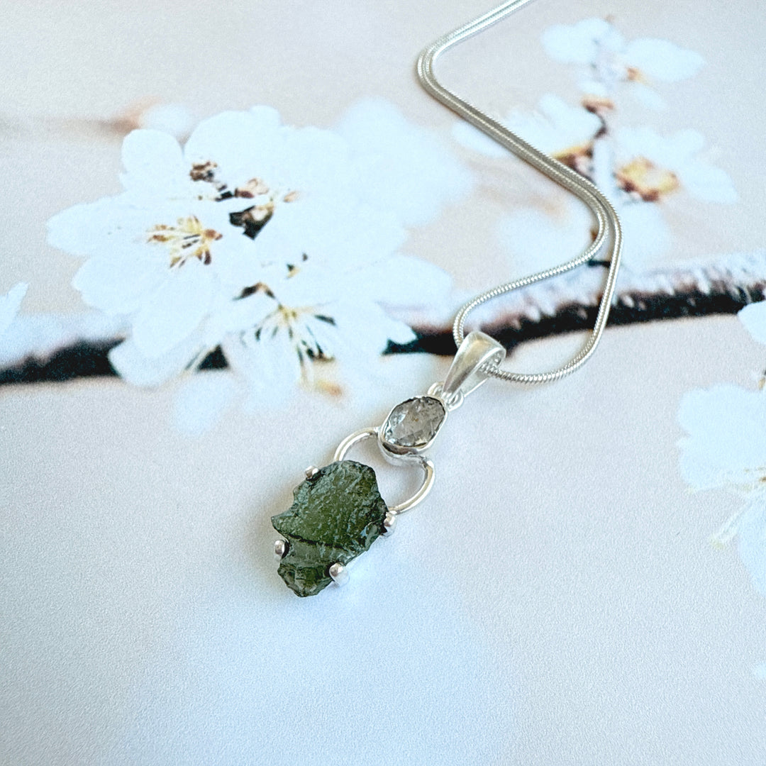 MOLDAVITE & HERKEMIER DIAMOND PENDANT